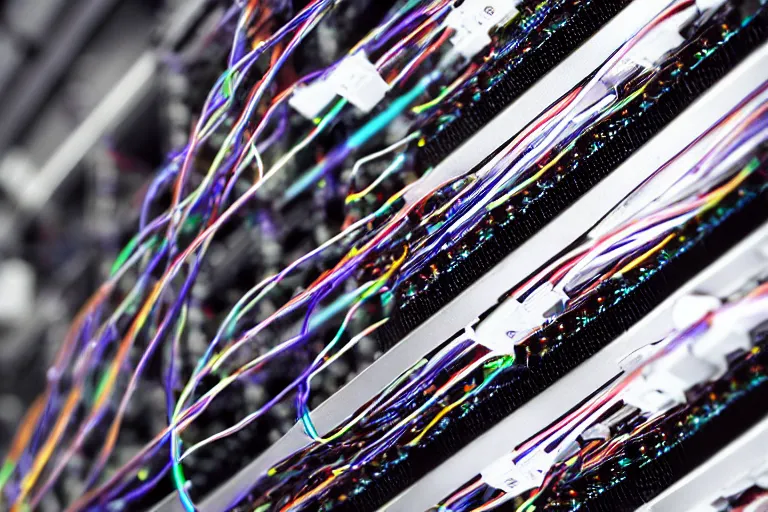 Prompt: a moodily lit close - up photo of a datacenter server with many network cables connected in transceivers and led lights, blurry background, f 2. 8, artstation, macro photography