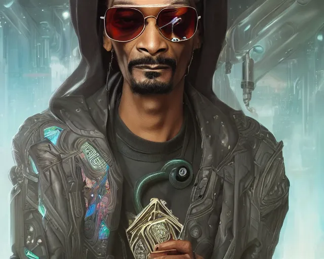 Prompt: man snoop dogg with cyberpunk implants, deep focus, d & d, fantasy, intricate, elegant, highly detailed, digital painting, artstation, concept art, matte, sharp focus, illustration, hearthstone, art by artgerm and greg rutkowski and alphonse mucha