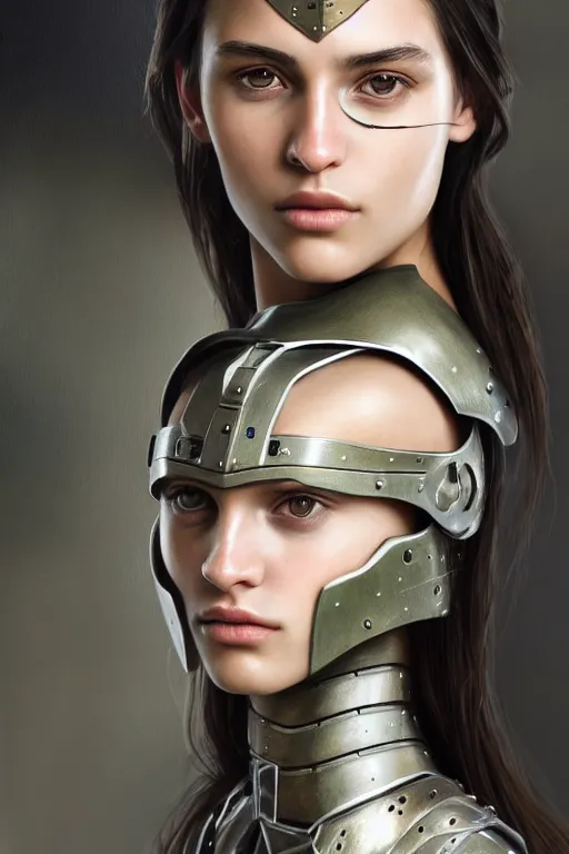 Image similar to a photorealistic painted portrait of an attractive young girl, partially clothed in dull metal-plated battle armor, olive skin, long dark hair, flawless skin, beautiful bone structure, symmetric facial features, perfect photorealistic eyes, natural physique, intricate, elegant, digital painting, concept art, finely detailed, beautifully illustrated, sharp focus, minimal artifacts, from Metal Gear, by Ruan Jia and Mandy Jurgens and Artgerm, in the style of Greg Rutkowski, trending on Artstation, award winning art