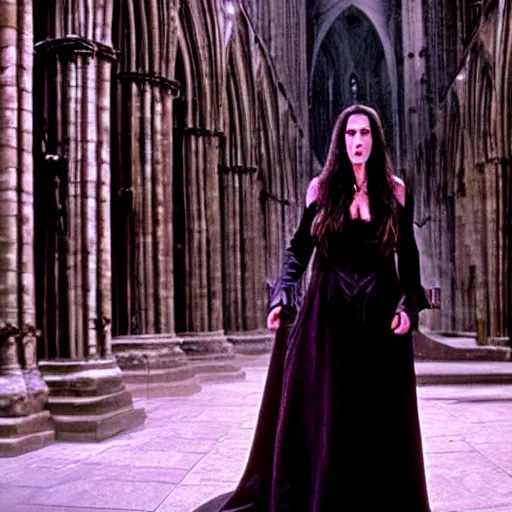 Prompt: jennifer connelly as a vampire showing her fangs in a gloomy gothic cathedral at night