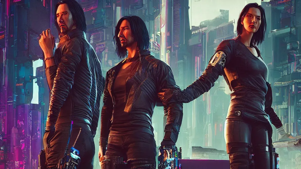 Image similar to a cyberpunk 2077 srcreenshot couple portrait of one Keanu Reeves and two hot female androids,love,film lighting,by Laurie Greasley,Lawrence Alma-Tadema,Dan Mumford,John Wick,Speed,Replicas,artstation,deviantart,FAN ART,full of color,Digital painting,face enhance,highly detailed,8K,octane,golden ratio,cinematic lighting