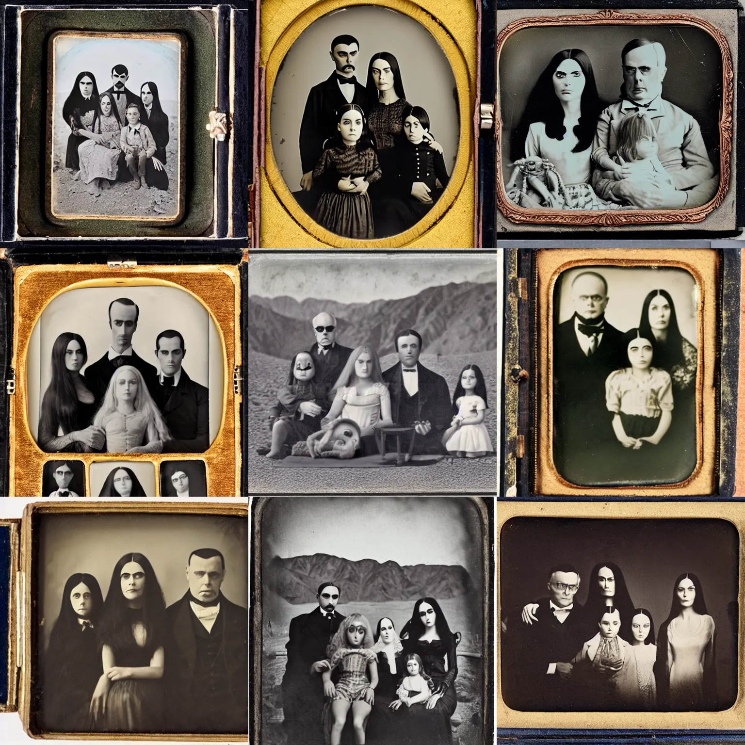 Prompt: Daguerreotype image of Addams family on summer vacation in death valley. no frame