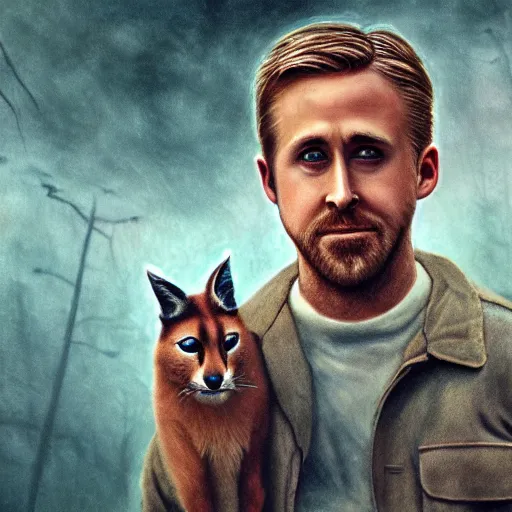 Prompt: Ryan Gosling holding a cute caracal, in style of stranger things poster, by Aron Wiesenfeld and beksincki, cinematic, detailed illustration, nature, fog, dark colors, suspense, intricate, 8k