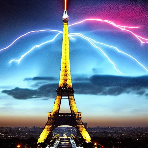 Image similar to Eiffel tower in Paris as giant charged tesla coil with blue white red lightning bolts all over the sky filled with dark clouds, epic city landscape digital art