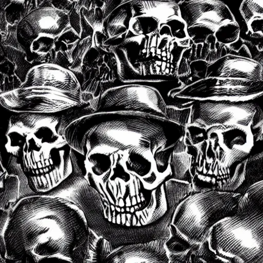 Image similar to Skulls lying on a shelf. Close Up Shot, Dark Fantasy, Film Noir, Black and White. High Contrast, Mike Mignola, D&D, OSR