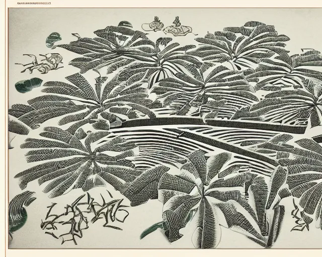 Prompt: 3d isometric botanical illustration of a city made of banana plant in an island surrounded by water, book engraving, black and white, masterpiece in Ukiyo-e style, HD