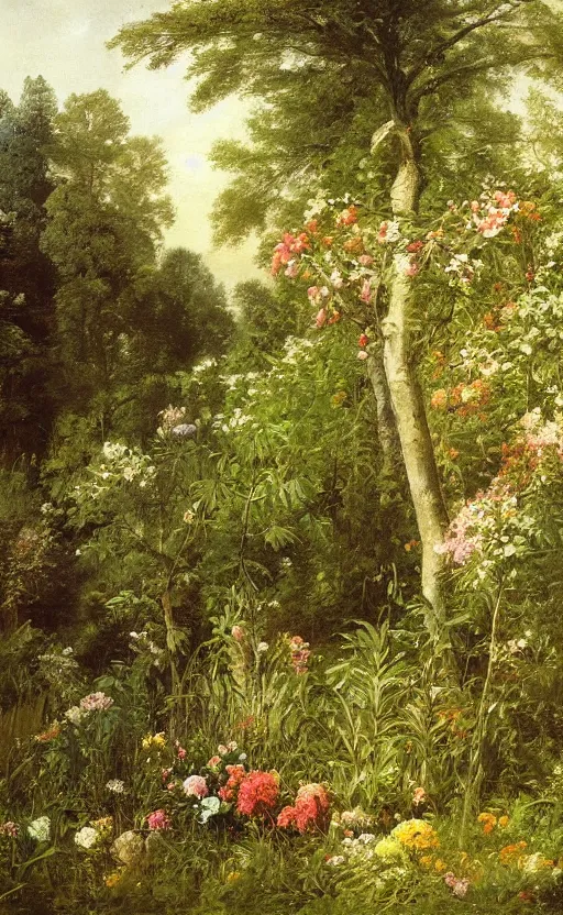 Image similar to artwork painting of a lush environment, flowers by grave by eugene von guerard, ivan shishkin