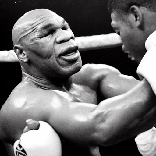 Prompt: mike tyson punching a dolphin black and white photograph
