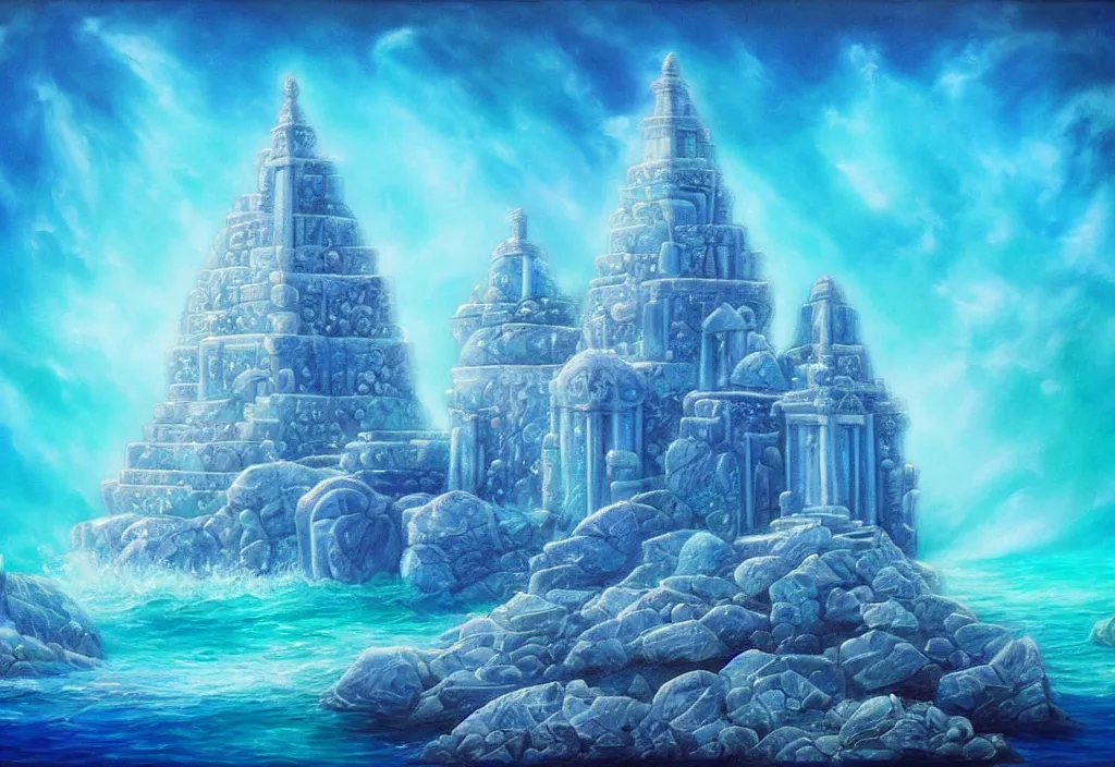 Image similar to ocean temple made out of crystalline blue stone, fantasy, mystical, ocean, 3 d, painting, ocean, water