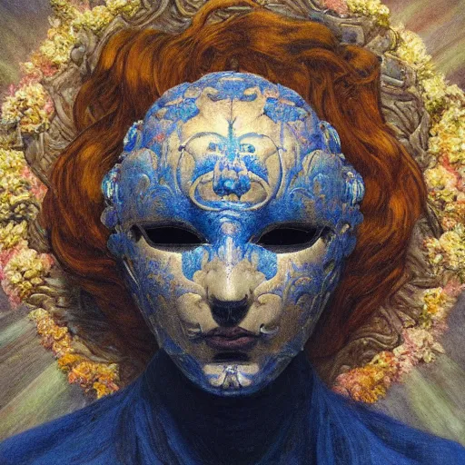 Image similar to masterpiece painting of a facemask made of flowers, by annie swynnerton and jean delville and tino rodriguez and diego rivera, flower mask, symbolist, dramatic lighting, god rays, elaborate geometric ornament, clean crisp graphics, soft cool colors, smooth sharp focus, extremely detailed