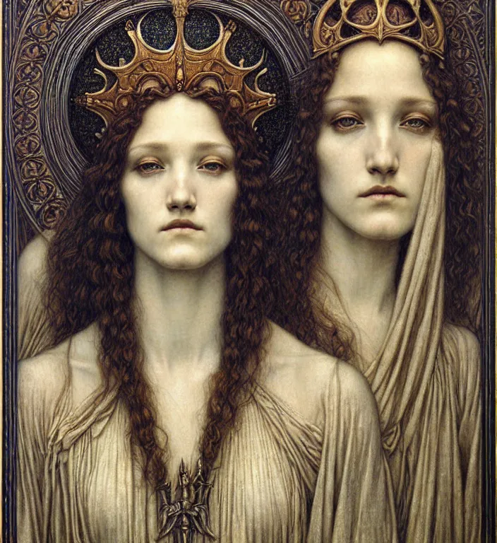 Image similar to detailed realistic beautiful young medieval queen face portrait by jean delville, gustave dore and marco mazzoni, art nouveau, symbolist, visionary, gothic, pre - raphaelite. horizontal symmetry