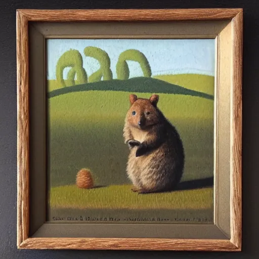 Image similar to detailing portrait oil painting of quokka in the style of grant wood, perfect lighting