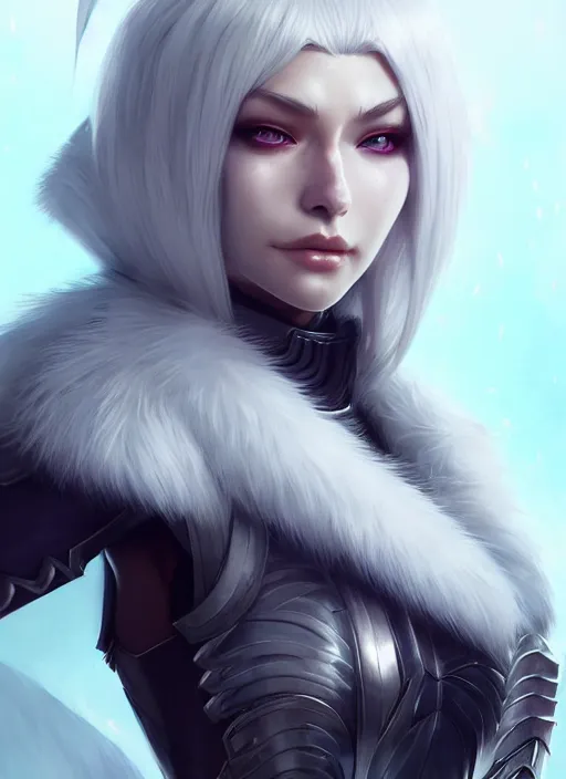 Image similar to fur - lined armor!!! beautiful and elegant white haired female!! gorgeous ayes!! character concept art, sharp focus, octane render! unreal engine 5! highly rendered!! trending on artstation!! detailed linework!! illustration by artgerm and wlop