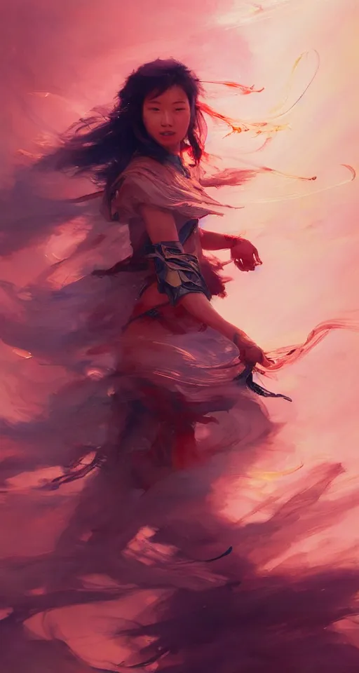 Image similar to beautiful asian ethnic warrior girl, digital illustration by ruan jia on artstation, outlined by whirling illuminated neon lines and fine lines swirling in circles by jesper ejsing and rhads and makoto and shinkai and lois van baarle, digital art, trending on artstation