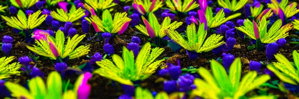 Prompt: Solarpunk synthetic plants blooming, close-up, colourful, 8k, stunning, award winning, world press photo, speculative futures, calm atmosphere by photographer Will Ellis