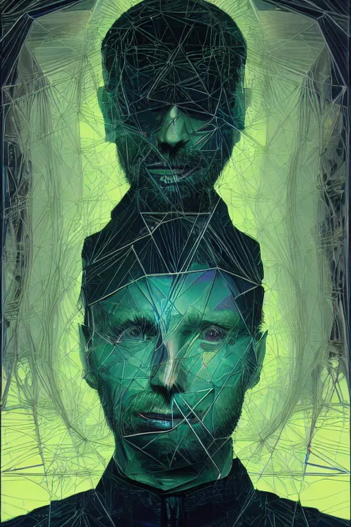 Image similar to A portrait of Thom Yorke as a cyberpunk android, iridescent geometry, surrounded by Mist, highly detailed, intricate, soft, sci-fi, sharp focus, subsurface scattering, art by Caravaggio, Greg rutkowski, Sachin Teng, Thomas Kindkade, Alphonse Mucha, Norman Rockwell, Tom Bagshaw.