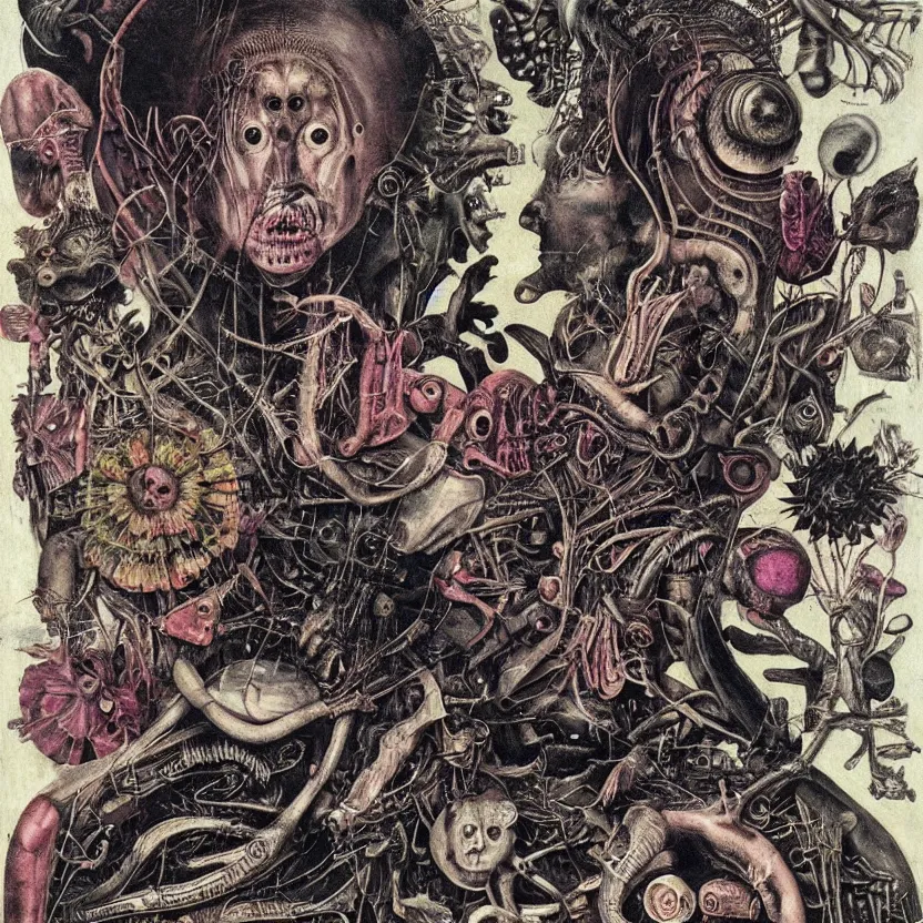 Prompt: post - punk new age album cover, asymmetrical design, alien? magic, apocalypse, psychedelic, highly detailed, black white pink, magic, giger h. r., giuseppe arcimboldo