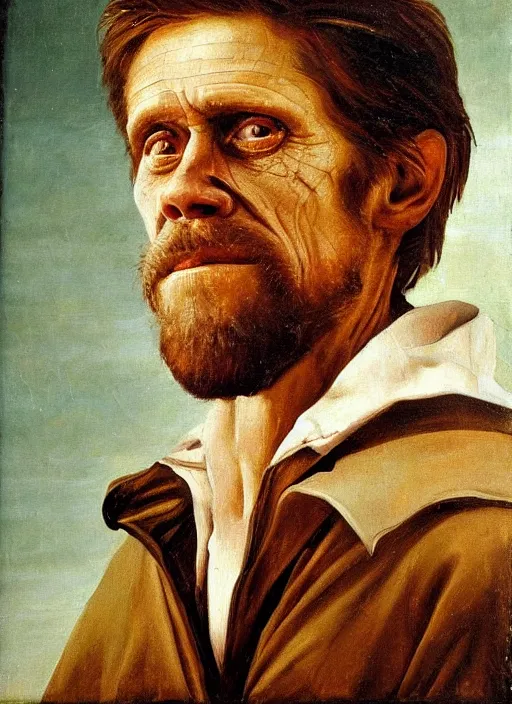 Prompt: portrait painting of willem dafoe with stubble, renaissance oil painting, studious chiaroscuro