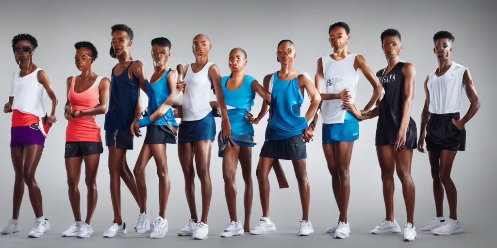 Prompt: High Fashion Tones, Studio Photograph of starting line of many diverse marathon runners. multiple skintones. Frontal. Sports Advertising Campaign. Wide shot. Fashion Studio lighting. White background.