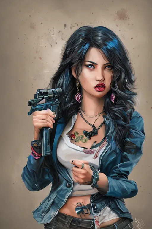 Image similar to painting of a gangster girl with guns, cute face, intricate, highly detailed, digital painting, official media, concept art, rich vivid colors, ambient lighting, sharp focus, illustration