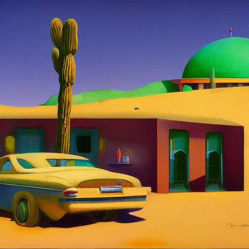 Prompt: motel in a desert Tatooine landscape, a woman, painted by François Roca and Edward Hopper, airbrush, highly detailed