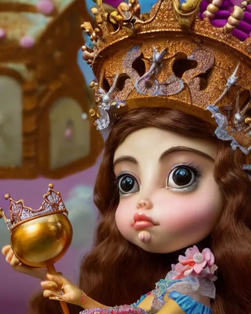 Image similar to highly detailed closeup, face profile portrait of a tin toy fairytale princess wearing a crown eating cakes, bikini, unreal engine, nicoletta ceccoli, mark ryden, earl norem, lostfish, global illumination, detailed and intricate environment