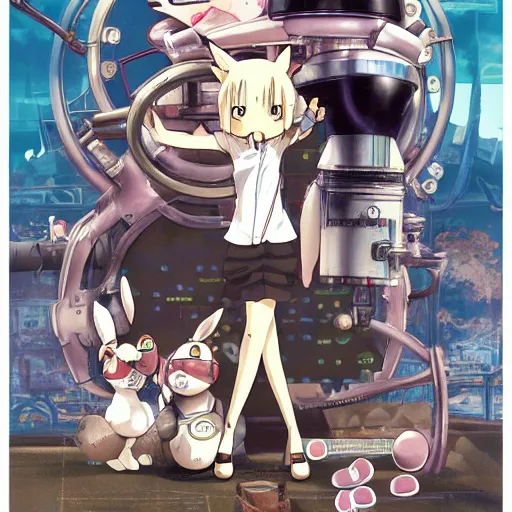 Image similar to film still Mechancial Bunny, a steampunk anime about scientists creating a mechanical bunny, art by Dice Tsutsumi, Makoto Shinkai, Studio Ghibli, playstation 2 printed game poster cover, cover art, poster, poster!!!