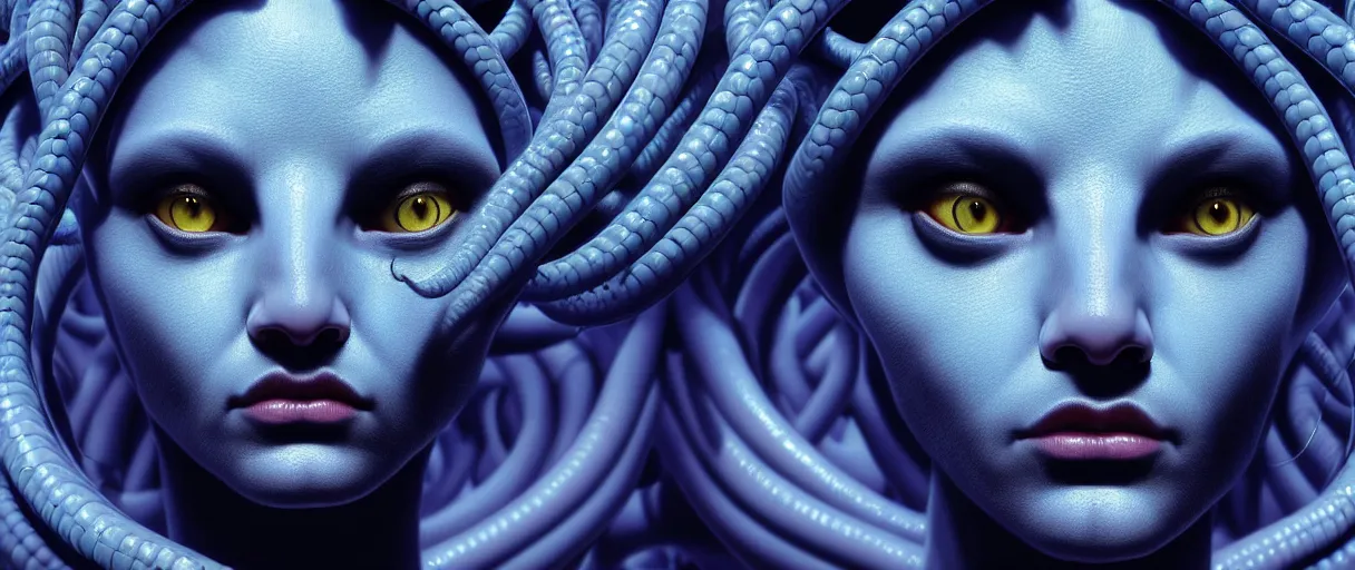 Prompt: hyperrealistic highly detailed close-up portrait of a Rubensian blue gothic medusa with round cat eyes sharp concept art wayne barlowe cinematic lighting 8k low angle shallow depth of field