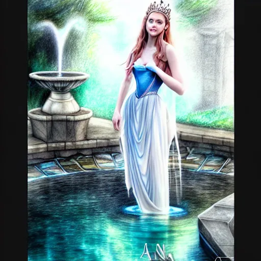 Prompt: hyper realistic pencil drawing of a fantasy princess standing by a fountain, transparent water color, full portrait, detailed, rim light, diffused, intricate, by anna dittmann