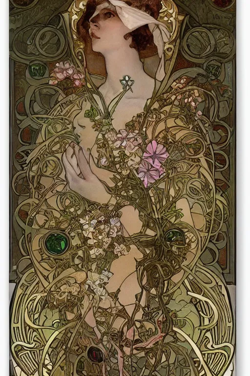 Prompt: lots of bugs and jewels by alphonse mucha. Art Nouveau