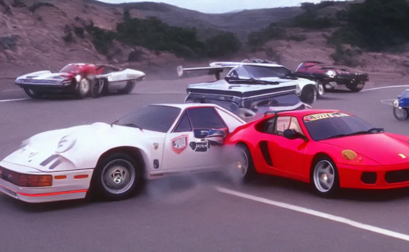 Image similar to film still of a Ferrari and a Porsche drifting in the Cannonball Run movie, 4k