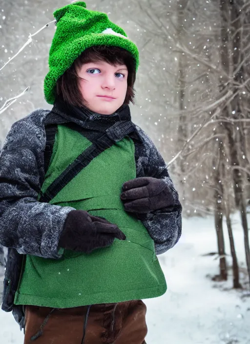 Image similar to portrait photo still of real life young stan marsh wearing a green trapper hat, 8 k, 8 5 mm, f. 1 4