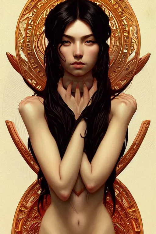 Image similar to symmetry!! intense fanart of 4 / 4 full front pose of a young sensual chaos goddess, protagonist, intricate, elegant, highly detailed, my rendition, digital painting, artstation, concept art, perfect, smooth, sharp focus, illustration, art by artgerm, kilian eng, greg rutkowski and alphonse mucha