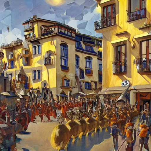 Prompt: a painting of a cubist village with a parade, open windows, chandelier, pillars of marble, waterfalls, fantasy art by JohannesVoss, Donato Giancola, Aleksi Briclot, Eric Deschamps, trending on artstation