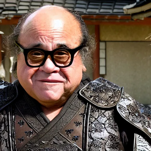 Image similar to cinematic shot of Danny Devito wearing samurai armor and holding a katana in a japanese village, 8k, highly intricate, highly detailed, depth of field, epic,