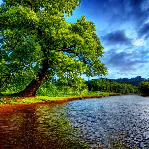 Prompt: very detailed photo of tree near a river, 4k, nature, superrealistic, widescreen, wide angle