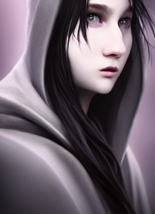 Image similar to long face, sharp features, girl, portrait, devil smile, grey eyes, black hair, dark cloak, dnd, cinematic light, pastel colors, volumetric shading, high radiosity dull skin, global illumination, radiant light, soft light, soft color dodge, subsurface scattering