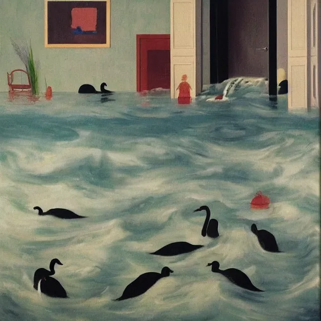 Image similar to painting of flood waters inside an apartment, tall female emo art student, a river flooding through a wall, tangelos, zen, pigs, ikebana, water, river, rapids, waterfall, black swans, canoe, pomegranate, berries dripping, acrylic on canvas, surrealist, by magritte and monet