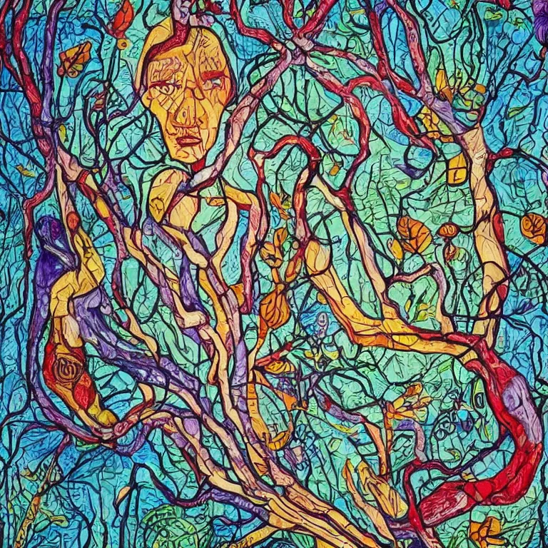 Prompt: human with the sea and the forest inside, veins diverge through the body like rivers filmed on a satellite, a person is decorated with wild berries, a beautiful bird is looking at him next, analytical art, art brut, colorful picture
