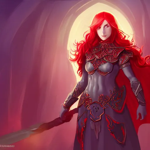 Image similar to a female elven cleric with red long hair, very good beautiful heavy scale armor, wearing a cape, casting a fire spell, magical, bright, colorful, fantastic lighting, amazing details, 4 k uhd, illustration by stephanie brown and mingchen shen and ilya kuvshinov, artstation, pixiv, concept art,