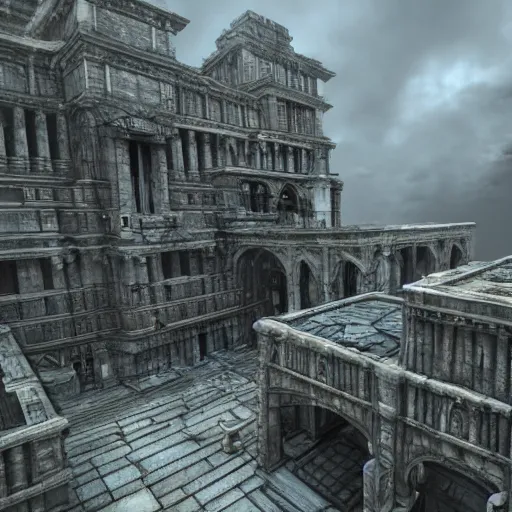 Image similar to architecture from quake, lovecraftian, liminal space, unreal engine 5, hyper detailed, hyper realistic