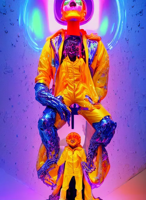 Prompt: photo of fullbodied baroque and bladerunner neon drippy tar sculpture of seductive ceramic albino ceramic prince brian whittaker dotado lavendar iridescent humanoid deity wearing orange plastic fluffy hoody holding diamond skull in a blue alien dungeon, reclining, glowing rainbow face, crown of white diamonds, cinematic lighting, photorealistic, octane render 8 k depth of field 3 d