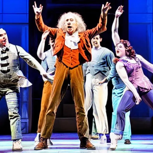 Prompt: quantum physics the musical on broadway, with isaac newton, albert einstein, the apple and the moon