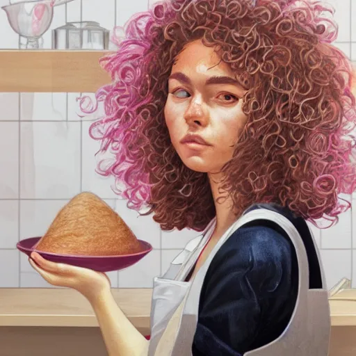 Image similar to portrait of a woman with curly hair in a pink shirt and highrise jeans making sourdough in sunlit kitchen, hyper detailed, digital art, trending in artstation