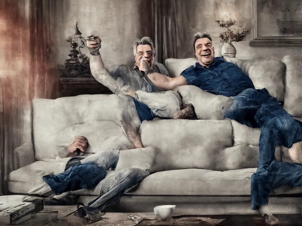 Image similar to extremely detailed digital painting of till lindemann sits on the couch with grandmother both laughing by handoga, stunning scene, 4 k, realism, bright colors, trending on artstation