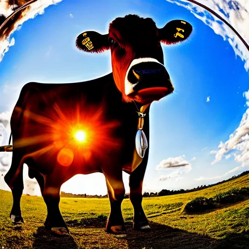 Prompt: a cow, surrounded by a ring of fire, on a sunny day, fisheye lens