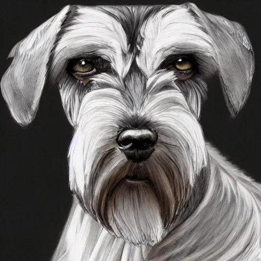 Image similar to portrait of stoic looking miniature schnauzer, military uniform, black fir, white eyebrows, fantasy, intricate, elegant, highly detailed, centered, dark, smokey, charcoal painting, digital painting, artstation, concept art, smooth, sharp focus, illustration, art by artgerm