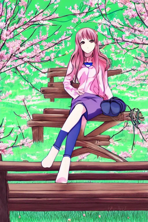 Image similar to anime drawing, anime girl sitting on a bench with blooming cherry trees in the background