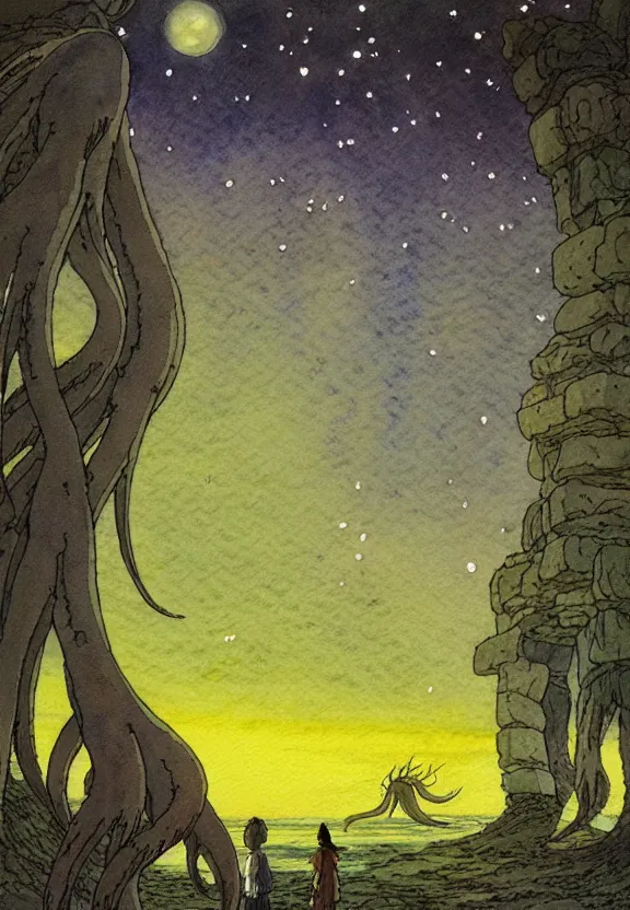 Prompt: a simple watercolor studio ghibli movie still fantasy concept art of a giant squid from princess mononoke ( 1 9 9 7 ) in stonehenge. it is a misty starry night. by rebecca guay, michael kaluta, charles vess