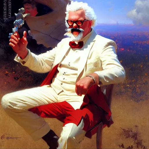 Image similar to colonel sanders destroying mcdonald, highly detailed painting by gaston bussiere, craig mullins, j. c. leyendecker, 8 k